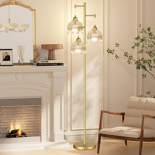 Vintage Floor Lamps for Living Room Bedroom-3 Light Gold Floor Lamp with Glass Lampshape, Flower Tall Lamp Glass Mid Century Standing Lamp Tree Floor Lamp for Living Room Corner