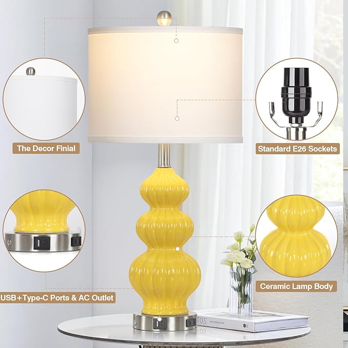 26" Set of 2 Yellow Ceramic Table Lamps with USB A+C Ports & AC Outlet, 3-Way Dimmable Gourd Bedside Nightstand Lamps with White Shade for Bedroom, Living Room, Office