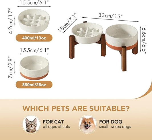 Ceramic Raised Slow Feeder Dog Food and Water Bowl Set for Fast Eaters, Elevated 6.1inch Bowl and 6.1inch Dish with Acacia Wood Stand for Small Dogs (2 x Vanilla White+ Stand)