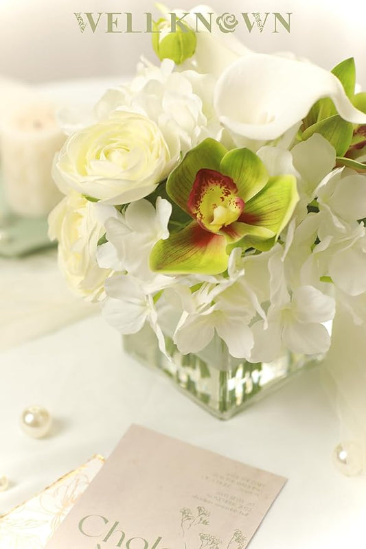 WELL KNOWN Fake Flowers in Vase, Mixed Artificial Flower with Fake Water in Glass Vase Realistic Hydrangea Calla Lily Ranunculus Silk Faux Floral Centerpiece for Coffee Dining Table Office Decor White
