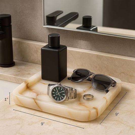 Bey-Berk Genuine Marble Valet Tray, Catch All, Vanity Tray, Marble Desk Organizer (Onyx, 9" x 9")
