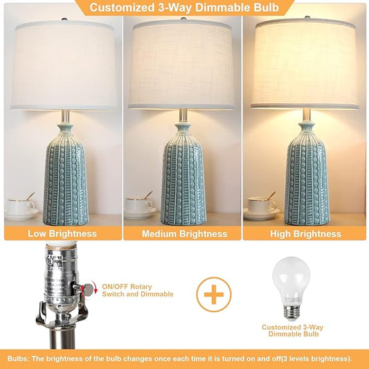 Green Ceramic Table Lamp 24.5": 3-Way Dimmable Nightstand Lamp with White Drum Lamp Shade | Modern Bedside Lamp for Bedrooms & Living Room (Bulb Included)