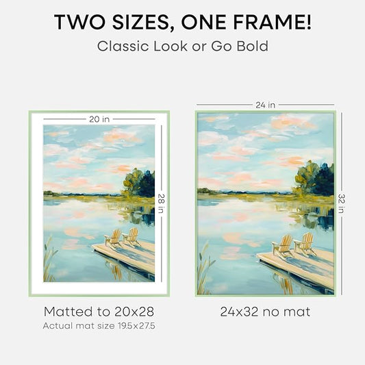 Homeforia 24x32 Sage Green Picture Frame, High End Metal 24x32 Poster Frames with Mat 20x28 inch Photo, 24 x 32 Thin Frame Matted to 20 x 28 Art, 32x24 Large Frames, Tempered Glass, Wall Kit, Set of 1