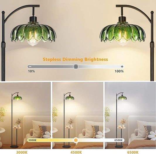 Arc Floor Lamp with Table and Shelves,Black Floor Lamp for Bedroom Glass Floor Lamps with Remote Control & 3 Color Temperature,Modern Standing Lamp Tall Flower Floor Lamps for Living Room Corner