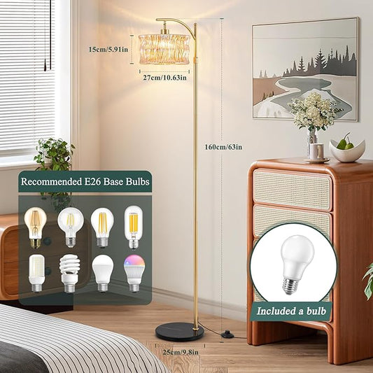 Vintage Gold Floor Lamp for Living Room, Amber Glass Lampshade Modern Standing Lamp with Remote, Mid Century Dimmable Tall Lamp for Bedroom, Study Room (Bulb Included)