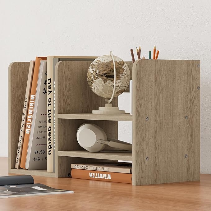 Wood 2 Toer Desk Organizer, Standing File Organizer with Three Storage Apartments, Desktop Storage Organizer for Desk, Office, Classroom, Brown