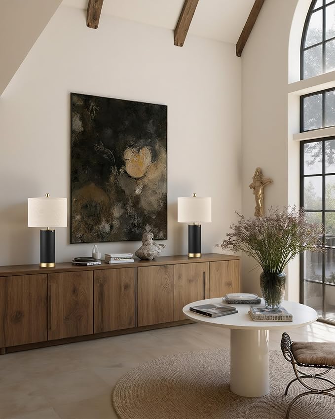 KDG 23.4" Black PU Leather Table Lamps for Living Room Set of 2, 3 Level Brightness LED Modern Home Decor Fabric Lampshade Desk Lamp Lighitng for Bedroom, Bedside, Farmhouse, Nightstand, Night Light