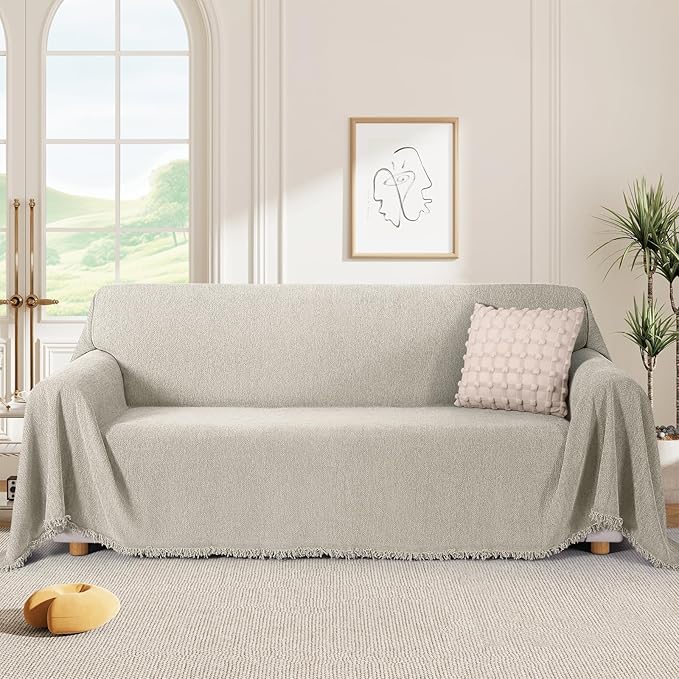 KinCam Couch Covers Washable Oversized Chair Cover Armchair Cover for Dogs Tassel Recliner Chair Sofa Cover Blanket Pet Friendly Soft and Durable for Most Furniture (71" x 71", Khaki)