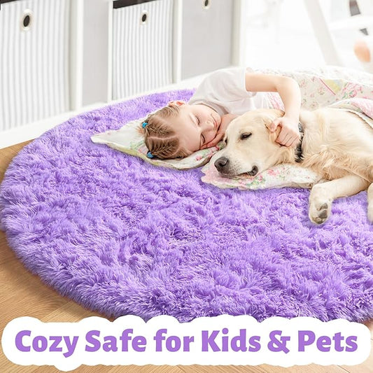 Amdrebio Purple Round Circle Rugs 6Ft for Girls Bedroom Decor Aesthetic, Large Fluffy Fuzzy Area Rugs for Kids Room, Soft Cute Furry Plush Shaggy Lavender Carpet for Living Room, Baby Nursery, Dorm