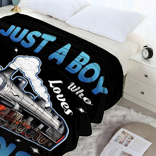 Boy Who Loves Trains Blanket Soft Blankets and Throws Flannel Cozy Lightweight Quilt Gift for Train Lovers for Bed Sofa Couch-120x90 Inches