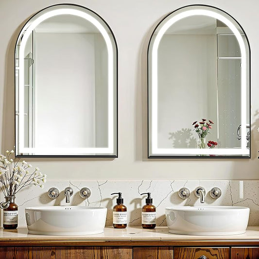 SogesHome Wall Mounted Mirror Medicine Cabinet 36"X24" with LED Light, Arched Vanity Mirror Storage with Shelves, Modern Decro Recessed Mirror Medicine Cabinet for Bathroom, Bedroom, Black