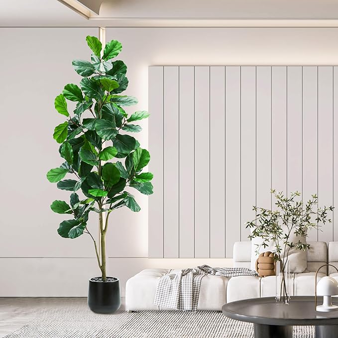 Artificial Fiddle Leaf Fig Tree:6FT Tall Faux Ficus Lyrata Plant Fake Fig Trees Realistic Green Silk Large Leaves with Natural Trunks & Pebbles in Black Planter for Indoor Outdoor Office Home.