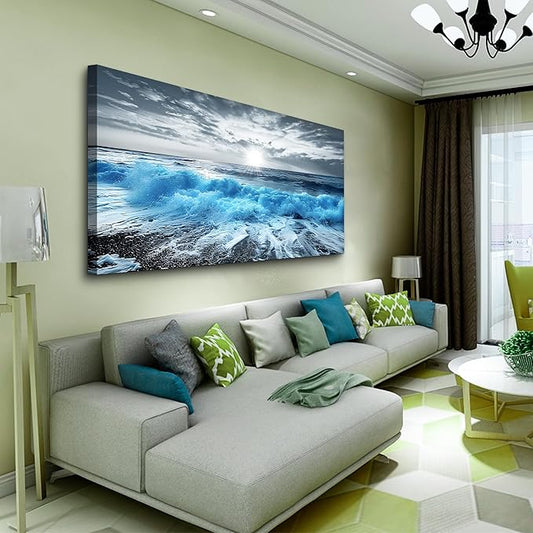 Lapremoly Framed Wall Art For Living Room Large Canvas Wall Decor For Office Blue Beach Painting Ocean Sea Waves Wall Pictures Bedroom Home Decorations Prints Posters Mural Artwork Ready to hang