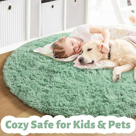 Amdrebio Sage Green Round Rug 6Ft for Living Room Bedroom, Fluffy Furry Circle Rugs for Nursery, Classroom, Baby Kids Room Decor, Cute Shaggy Area Rug for Teen Boys, Fuzzy Plush Light Mint Carpet