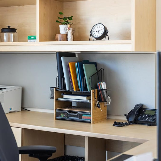 Heavy Duty Wooden Desk Organizer with Drawer - Wooden Desk Shelf for Storage & Organization - Office Tray for Files, Mail, and Supplies - Small Countertop Bookshelf with Letter Holder & Hooks