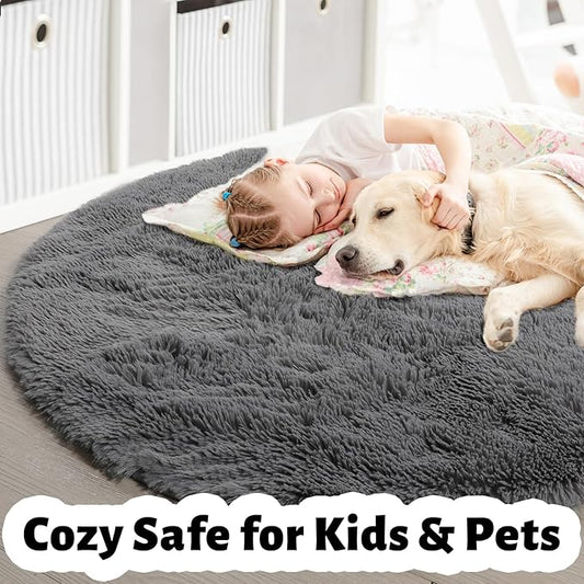 Grey Round Rugs 5Ft for Living Room Bedroom Aesthetic, Fluffy Fuzzy Shag Shaggy Circle Area Rug for Kids Room Decor, Furry Soft Plush Indoor Floor Gray Carpet for Baby Nursery Preppy Dorm Home Office