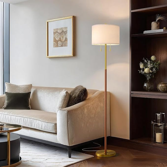 61" Wood Floor Lamp 2-Light for Living Room Standing Tall Lamps Mid Century Modern Floor Lamps for Bedroom Office Nursery Corner Industrial Reading Room Lamp, 3 Color Temperatures 9W Bulbs Included