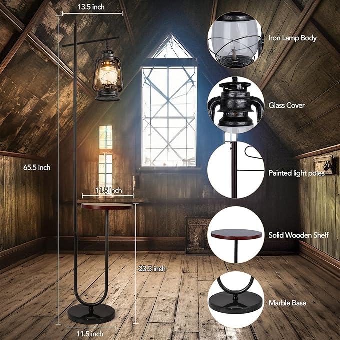 Vintage Floor Lamp with Table,Classical Lantern Standing Rustic Farmhouse Nightstand Hanging Arc Floor Lamp with Black Silver Finish,for Living Room,Bedroom,Reading Room(Silver)