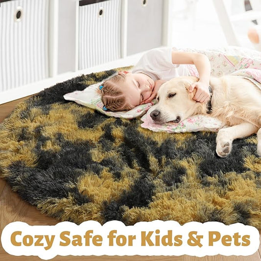 Amdrebio Black Gold Yellow Grey Round Circle Rugs 5Ft for Bedroom Living Room Decor, Fluffy Furry Area Rug for Kids Room Dorm Home Office, Modern Cool Leopard Cheetah Shag Carpet for Teen Boys Men