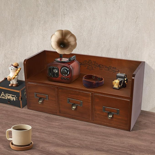 Desk Organizer with 3 Drawers, Wooden Apothecary Cabinet Desktop Storage Shelf File Holder with Label Boxes, Makeup Organizer Filing Case for Office Bedroom Home, L15.2*W5.7*H7.3in