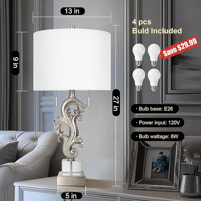 Scenekoy Table Lamp Set of 2 with USB Ports, Pull Chains Switch, 27” Silver Leaf Sculptural Bedside Lamps with Linen Shade for Living Room Bedroom, Nightstand Lamps for Home Room Decor