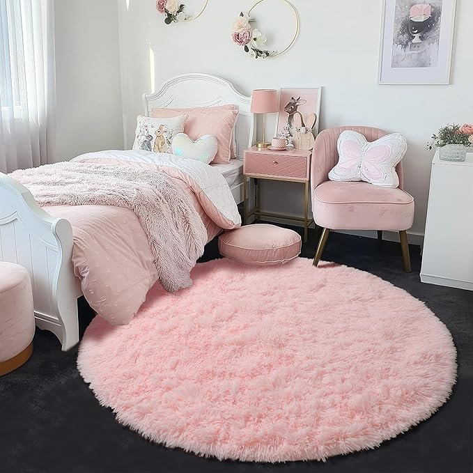 Amdrebio Pink Round Area Rugs 8Ft for Living Room, Bedroom Decor, Soft Large Circle Rug for Kids Room, Teen Girls, Fluffy Big Carpets for Baby Nursery, Dorm, Classroom, Cute Kawaii Princess Carpet