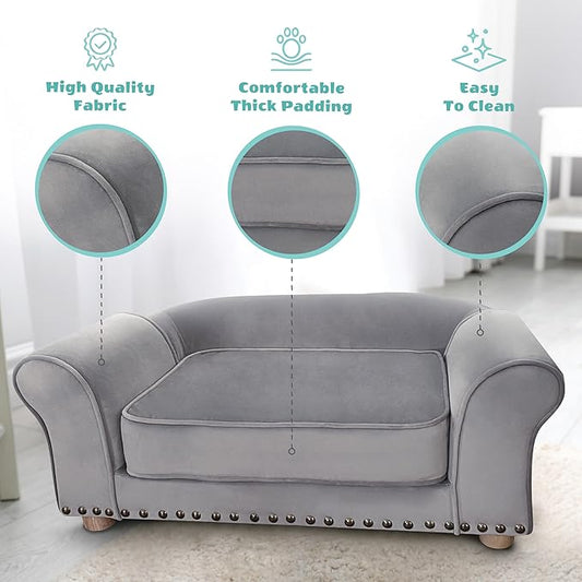 Critter Sitters 34-in. Faux Velvet Pet Bed Sofa in Dark Gray for Medium-Sized Dogs and Cats, Durable Indoor Pet Furniture for Bedroom, Living Room