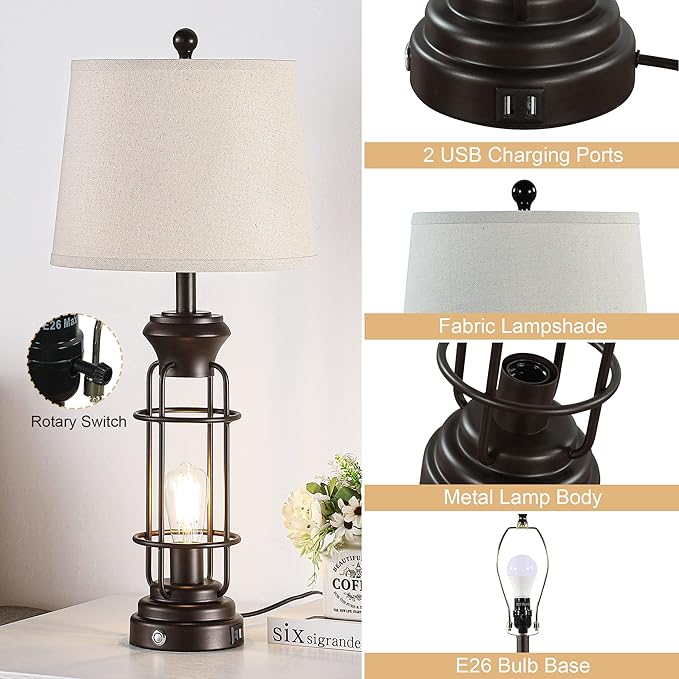 28.5" Farmhouse Lamps for Bedrooms Set of 2, Tall Table Lamps for Living Room with Dual USB Charging Port, Oil Rubbed Bronze Table Lamp with White Oatmeal Shade, Bulbs Included