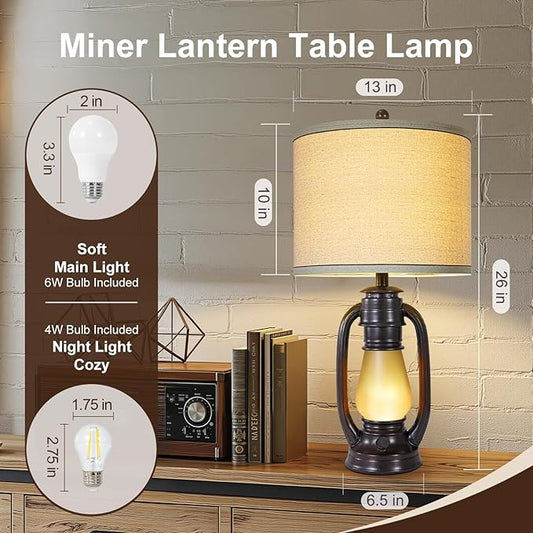 26'' Vintage Lantern Table Lamps Set of 2, Retro Bedside Nightstand Lamp with Nightlight and Linen Shade, Rustic Desk Lamp with USB A+C Ports, Farmhouse Table Lamps for Living Room Bedroom Study room