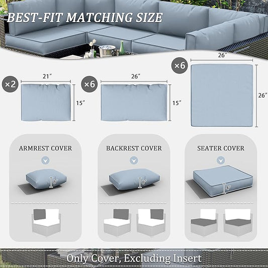 14 Pcs Outdoor Patio Cushion Covers - Replaceable Waterproof Furniture Cover With Zippers, Non-Slip for Couch, 3 Sizes (Light Blue)