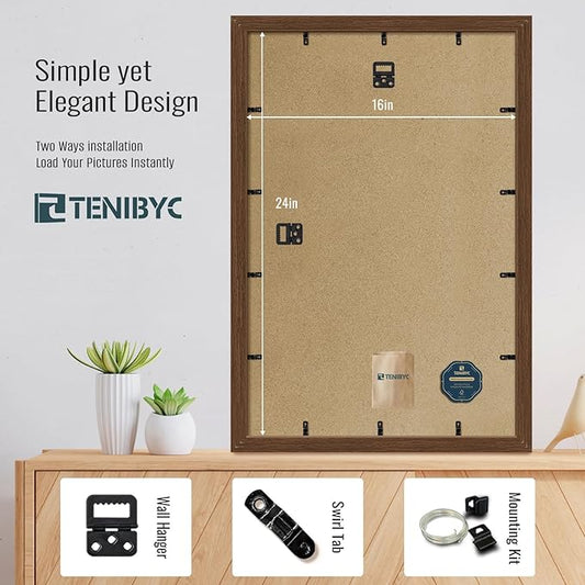 16x24 Wood Frame - 4 Pack, Brown Wood Grain, Display 16x24 or 24x16 Photos, Posters and Puzzles, Picture Frame for Wall