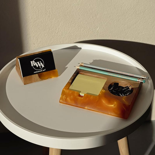 RWA Unique Business Card Holder for Men & Women - Stylish Durable Business Card Display Stand - Premium Desktop Business Card Holders Epoxy Wood Desk Organizer - Office Desk Accessories, BASIC, gold