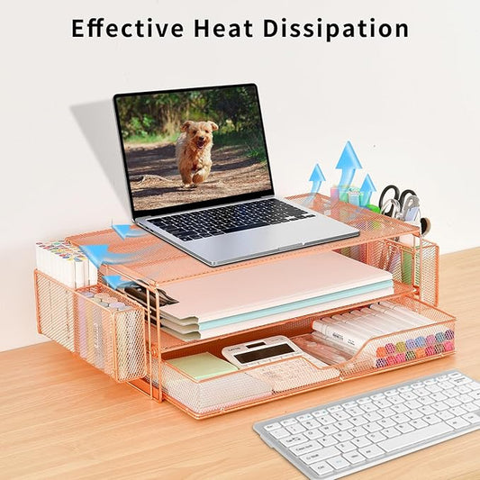 AUPSEN Computer Monitor Stands Riser,2-Tier Desk Organizers and Accessories, Office Desk Accessories Organizer with Drawers and 2 Pen Holder for Office Supplies (Rose Gold)