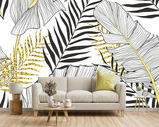 -Black and Gold Tropical Botanical Banana Leaf Fabric Wallpaper Living Room Bedroom Bathroom Abstract Plant Large Wall Mural- 137"x96"( not Peel and Stick)