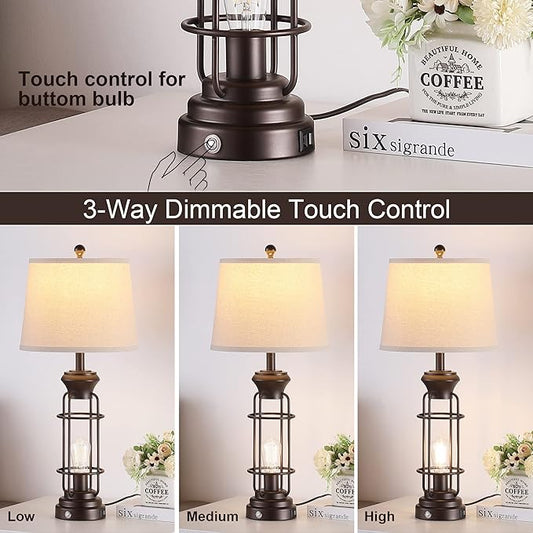 28.5" Farmhouse Lamps for Bedrooms Set of 2, Tall Table Lamps for Living Room with Dual USB Charging Port, Oil Rubbed Bronze Table Lamp with White Oatmeal Shade, Bulbs Included