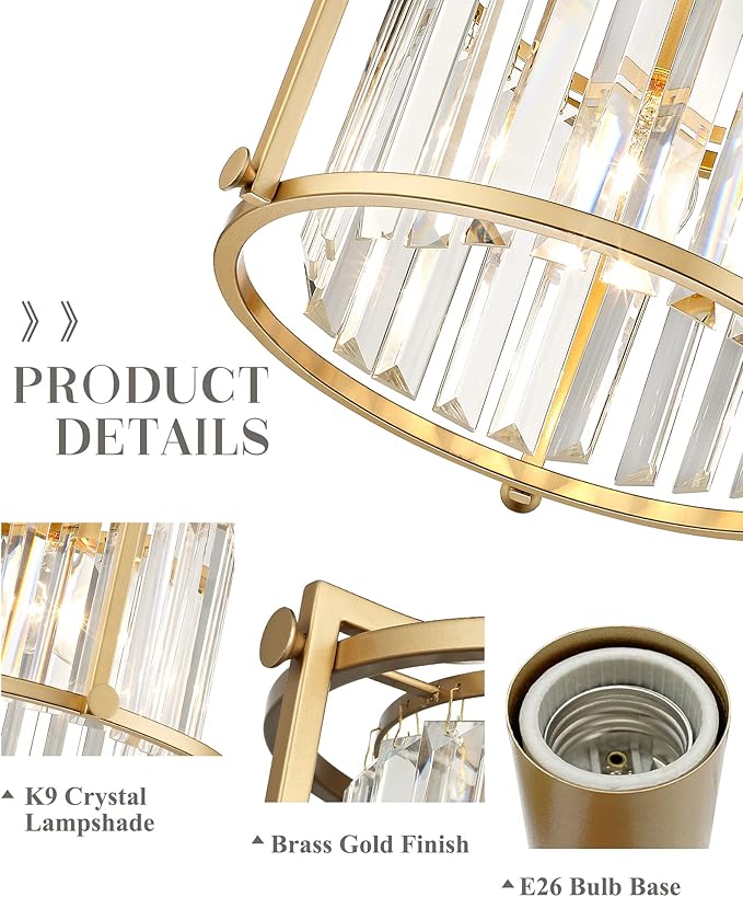 Crystal Semi Flush Mount Chandelier, 11'' Gold Ceiling Light, Modern Flush Mount Light Fixture for Bedroom Kitchen Laundry Entryway, CL4832-1W-PG