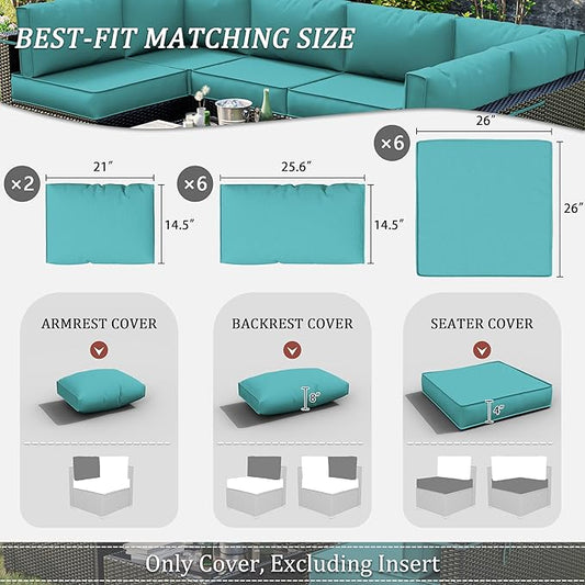 14 Pcs Outdoor Patio Cushion Covers, Replaceable Waterproof Furniture Covers, Outdoor Non-Slip Covers with Zippers, Couch 3 Sizes, Covers Only (Lake Blue)