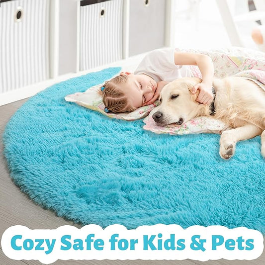 Blue Round Circle Rugs 6Ft for Kids Bedroom, Large Soft Washable Fluffy Area Rug for Teen Girls Boys, Play Room Decor Aesthetic, Plush Shaggy Fuzzy Baby Carpet for Living Room Nursery Classroom Dorm