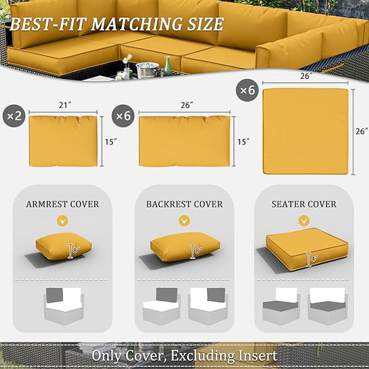 14 Pcs Outdoor Patio Cushion Covers, Replaceable Waterproof Furniture Covers, Outdoor Non-Slip Covers with Zippers, Couch 3 Sizes, Covers Only (Yellow)