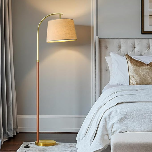 62.5" Gold Floor Lamp for Living Room Dimmable Standing Lamp with Remote & Foot Switch, 3 Color Temperatures Arc Tall Lamp Wood Mid Century Modern Floor Lamps for Bedroom Office, 9W Bulb Included