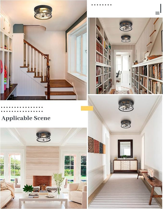 EAPUDUN Flush Mount Ceiling Light, 12inch 2-Light Metal Close to Ceiling Light Fixture, Matte Black Finish with Seed Glass Shade for Hallway Entryway Bedroom Porch