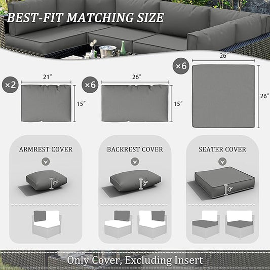 14 Pcs Outdoor Patio Cushion Covers, Replaceable Waterproof Furniture Covers, Outdoor Non-Slip Covers with Zippers, Couch 3 Sizes, Covers Only (Light Grey)