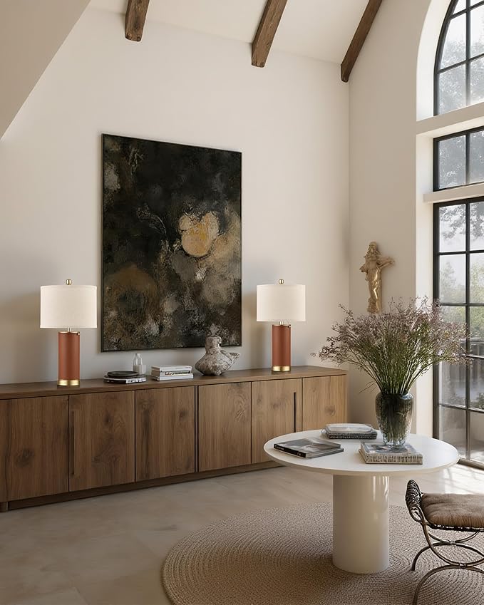 KDG 23.4" Brown PU Leather Table Lamps for Living Room Set of 2, 3 Level Brightness LED Modern Home Decor Fabric Lampshade Desk Lamp Lighitng for Bedroom, Bedside, Farmhouse, Nightstand, Night Light