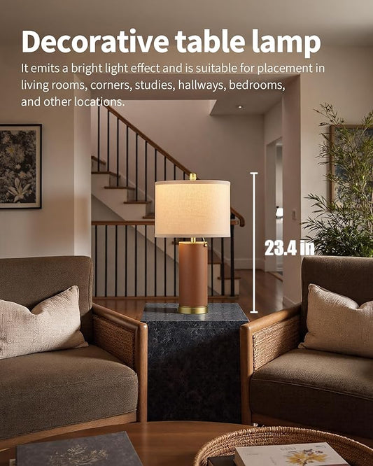 KDG 23.4" Brown PU Leather Table Lamps for Living Room Set of 2, 3 Level Brightness LED Modern Home Decor Fabric Lampshade Desk Lamp Lighitng for Bedroom, Bedside, Farmhouse, Nightstand, Night Light