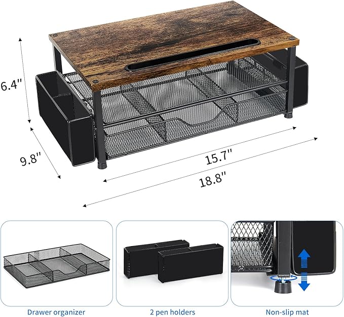 Wood Desk Organizers and Accessories, 2-Tier Computer Monitor Stand Riser with Drawer, Pen Storage & Phone Holder, Office Desk Accessories, Workspace Desktop Organization for Office Supplies(Brown)