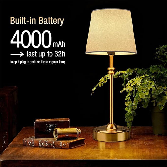 ONEWISH Cordless Table Lamps Set of 2 - Battery Powered Lamp, 4000mAh Rechargeable, Stepless Dimmable, Wireless Lamp with Fabric Shade, 2700K Warm Ambient Light for Dining, Patio, Bathroom(Gold)