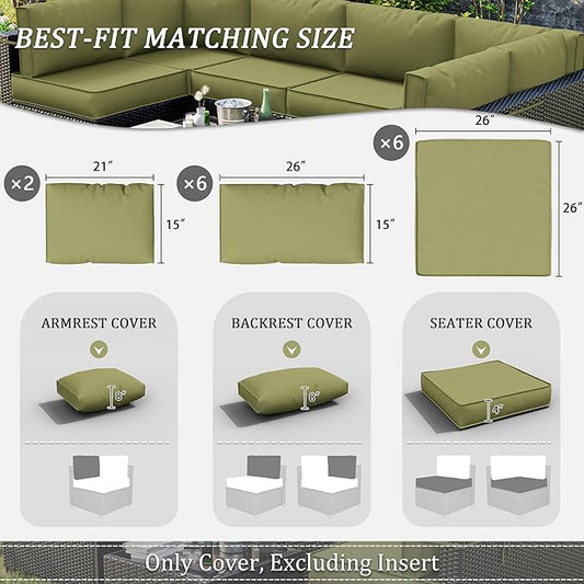 14 Pcs Outdoor Patio Cushion Covers, Replaceable Waterproof Furniture Covers, Outdoor Non-Slip Covers with Zippers, Couch 3 Sizes, Covers Only (Light Green)