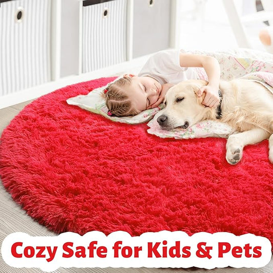 Amdrebio Red Round Rug 5Ft for Boys Bedroom, Fluffy Fuzzy Circle Area Rugs for Kids Room Decor Aesthetic, Plush Shaggy Furry Carpet for Living Room Nursery Dorm Classroom, Shag Baby Teen Christmas Rug