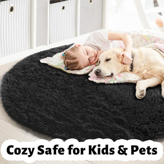 Black Round Rug 7Ft for Bedroom Aesthetic, Fluffy Plush Circle Area Rugs for Living Room, Large Big Fuzzy Modern Cool Carpet for Baby Kids Teen Boys Mens, Office Playroom Nursery Apartment Home Decor