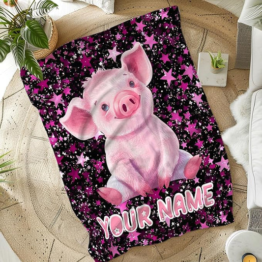 Pig Blanket for Gift, Custom Girls Blankets, Pink Cozy Soft 50 x 40 Inches Flannel Throws for Bed Travel Sofa Living Room